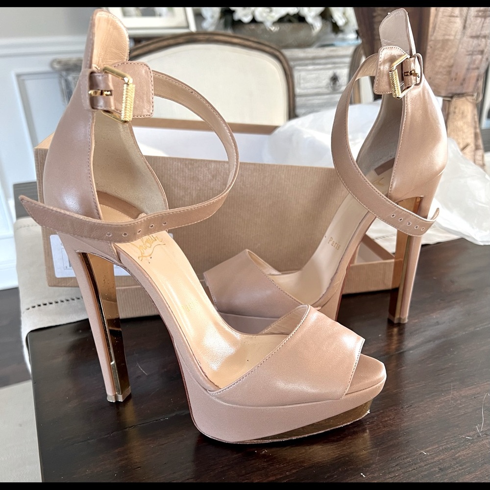 Christian Louboutin Tuctopen Red Bottom Platform Sandals Nude/Gold! RARE! 38.5